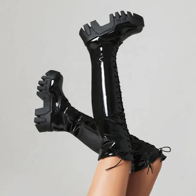 Trend4us Women's Wedge Platform Lace-Up Knee-High Boots