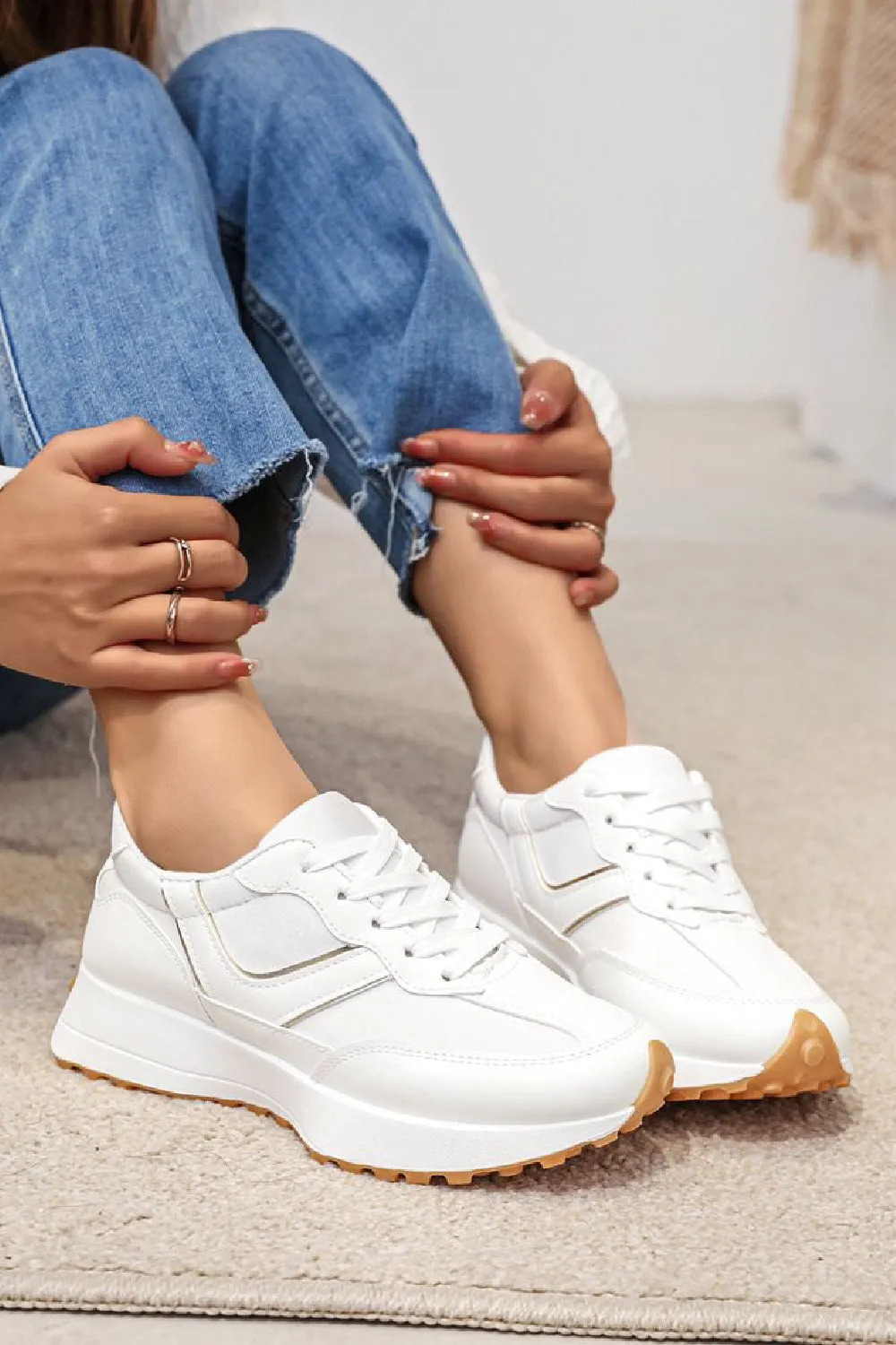 WHITE CHUNKY PLATFORM SIDE DETAIL CASUAL LACE UP TRAINERS