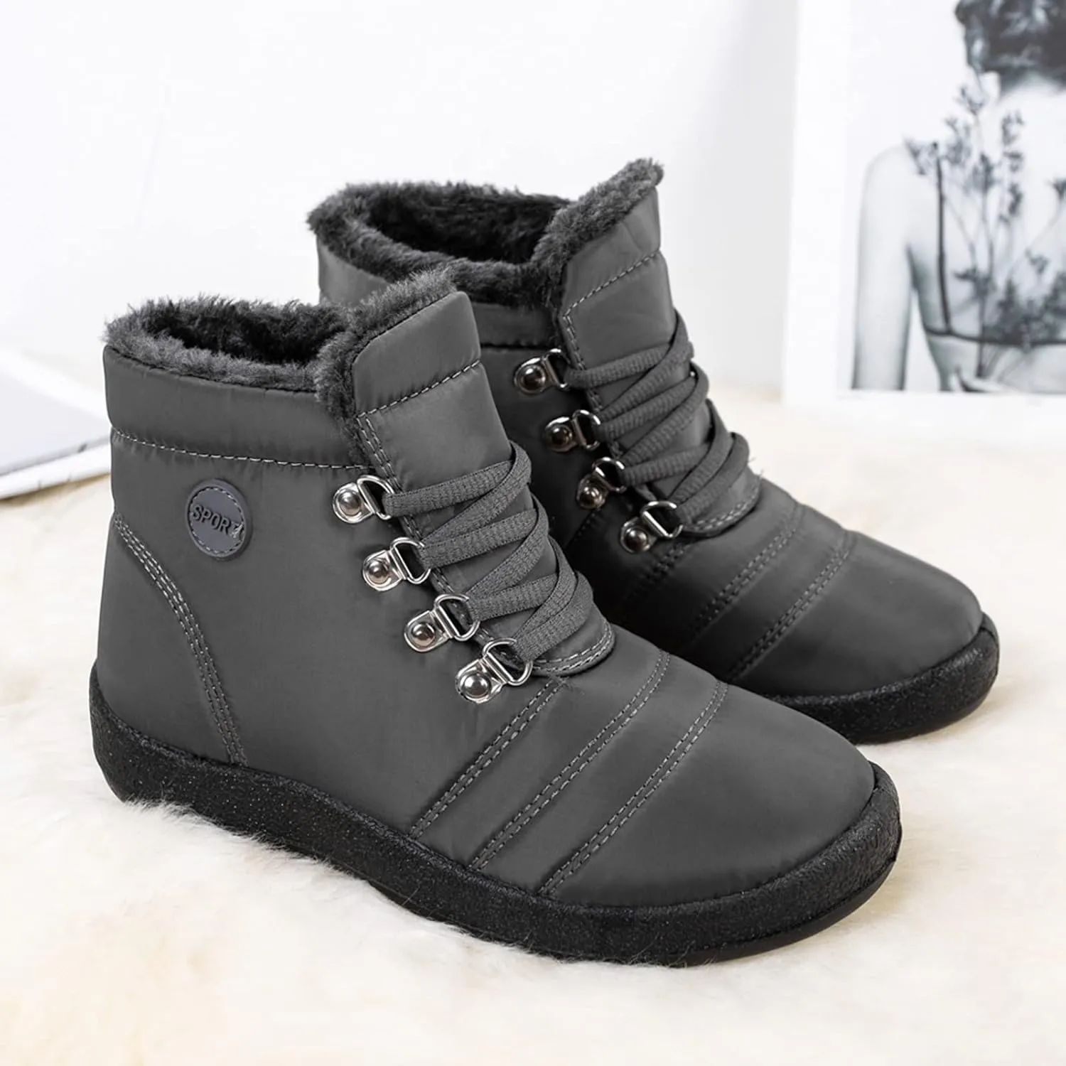 Winter Boots for Women,Water-proof Comfortable Fleece Lined Mid Calf Winter Snow Boots Wide Width Ankle Boots Lace up Snow Boots Winter Boots Insulated Non Slip Shoes for Outdoor Sport