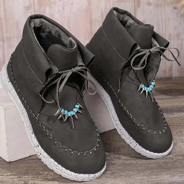 Women's Retro Casual Beaded Lace Up Flat Short Boots 17035191S