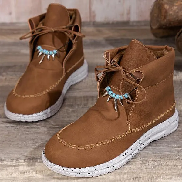 Women's Retro Casual Beaded Lace Up Flat Short Boots 17035191S