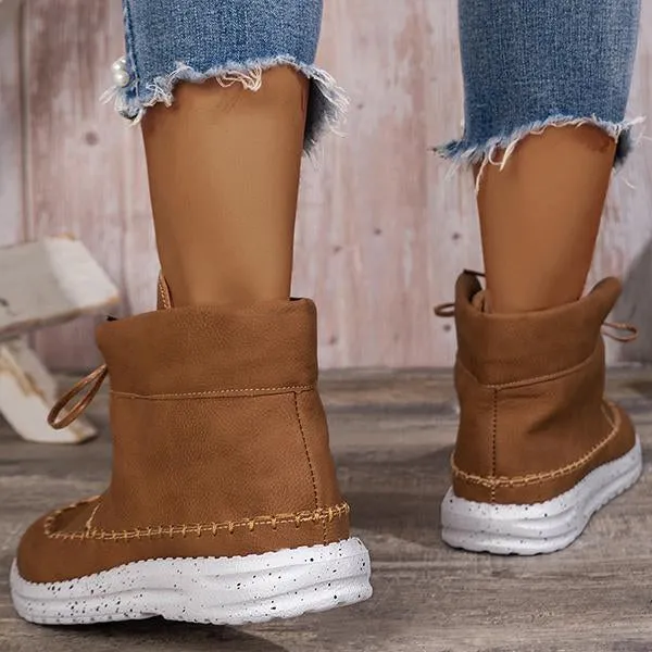 Women's Retro Casual Beaded Lace Up Flat Short Boots 17035191S