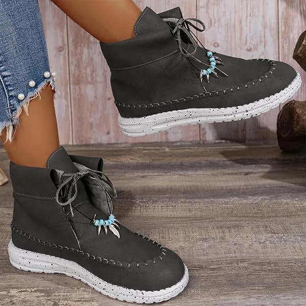 Women's Retro Casual Beaded Lace Up Flat Short Boots 17035191S