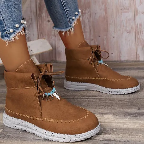Women's Retro Casual Beaded Lace Up Flat Short Boots 17035191S