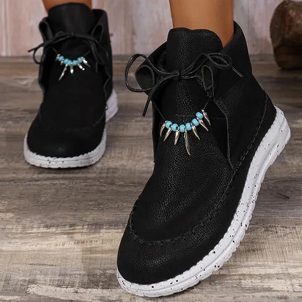 Women's Retro Casual Beaded Lace Up Flat Short Boots 17035191S