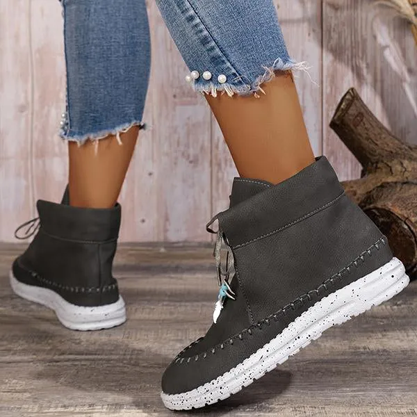 Women's Retro Casual Beaded Lace Up Flat Short Boots 17035191S