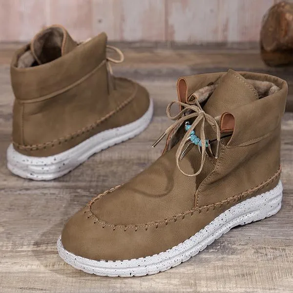 Women's Retro Casual Beaded Lace Up Flat Short Boots 17035191S