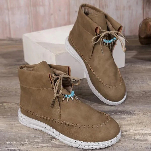 Women's Retro Casual Beaded Lace Up Flat Short Boots 17035191S