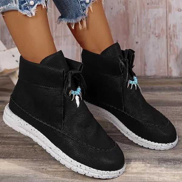 Women's Retro Casual Beaded Lace Up Flat Short Boots 17035191S