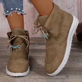 Women's Retro Casual Beaded Lace Up Flat Short Boots 17035191S