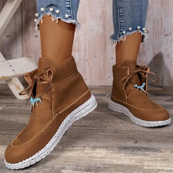 Women's Retro Casual Beaded Lace Up Flat Short Boots 17035191S