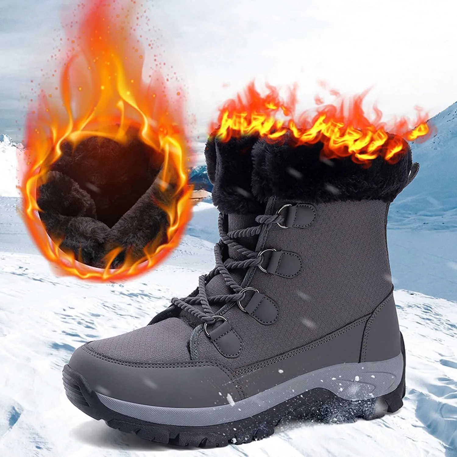 Womens Snow Boots Lace-up Warm Fleece Lined Winter Boots for Women Anti Slip Ankle Boots Mid Calf Boots Water-proof Outdoor Boots Comfortable Walking Shoes for Women Ladies Girls