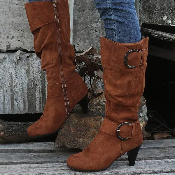 Women's Suede Belt Buckle Knee-High Boots 95352683C