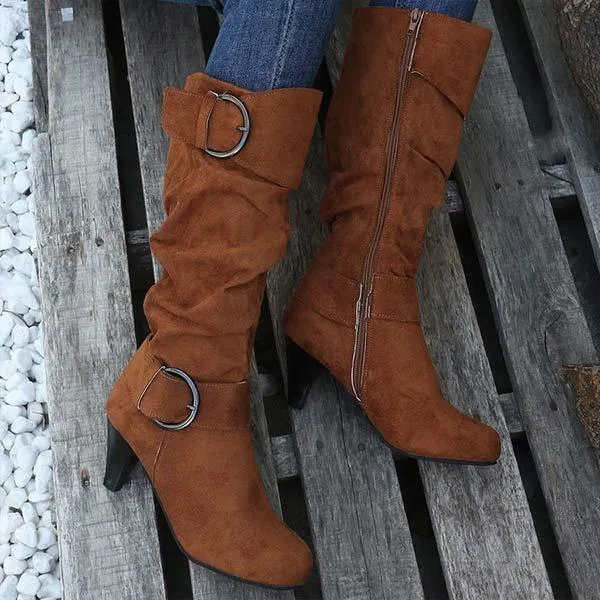 Women's Suede Belt Buckle Knee-High Boots 95352683C
