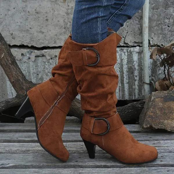 Women's Suede Belt Buckle Knee-High Boots 95352683C