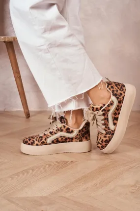 WOMEN'S SUEDE TEXTILE THICK BOTTOM PLATFORM TRAINERS IN LEOPARD