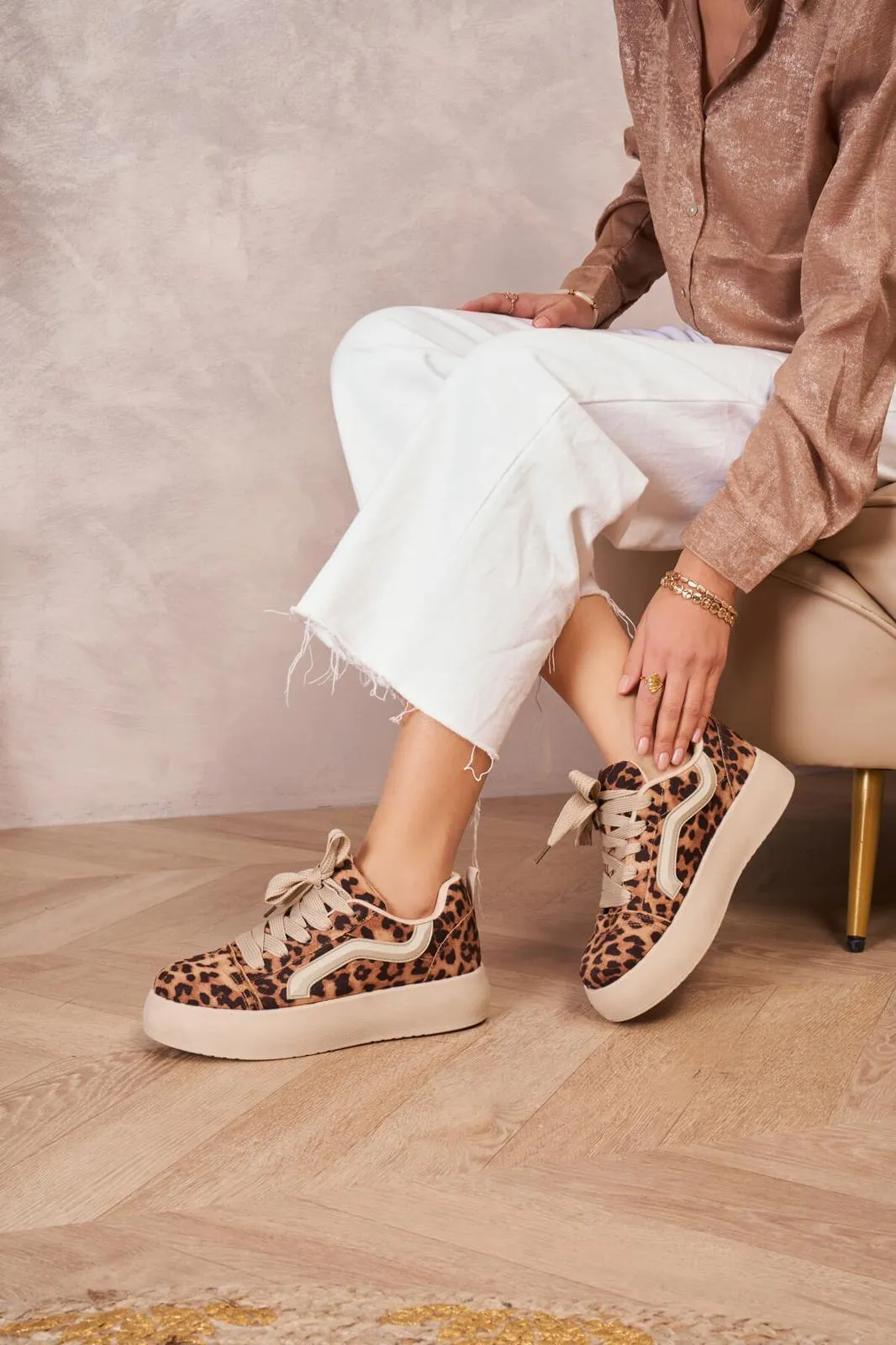 WOMEN'S SUEDE TEXTILE THICK BOTTOM PLATFORM TRAINERS IN LEOPARD